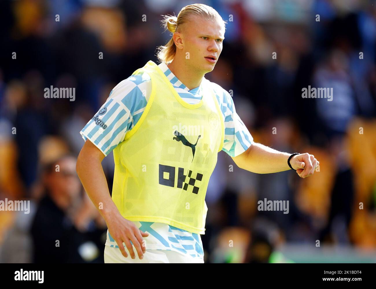 Manchester City's Erling Haaland warming up ahead of the Premier League