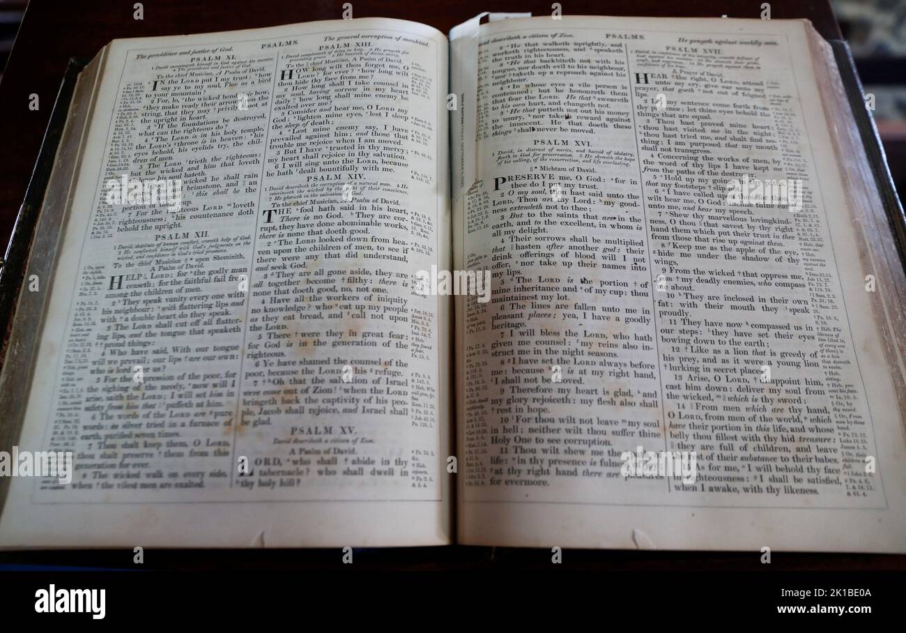 A bible is seen on the pulpit after a thanksgiving memorial service for the late Queen Elizabeth II, at the St Philips Anglican Church of Kenya (ACK) in Naro Moru, Kenya September 17, 2022. REUTERS/Thomas Mukoya Stock Photo