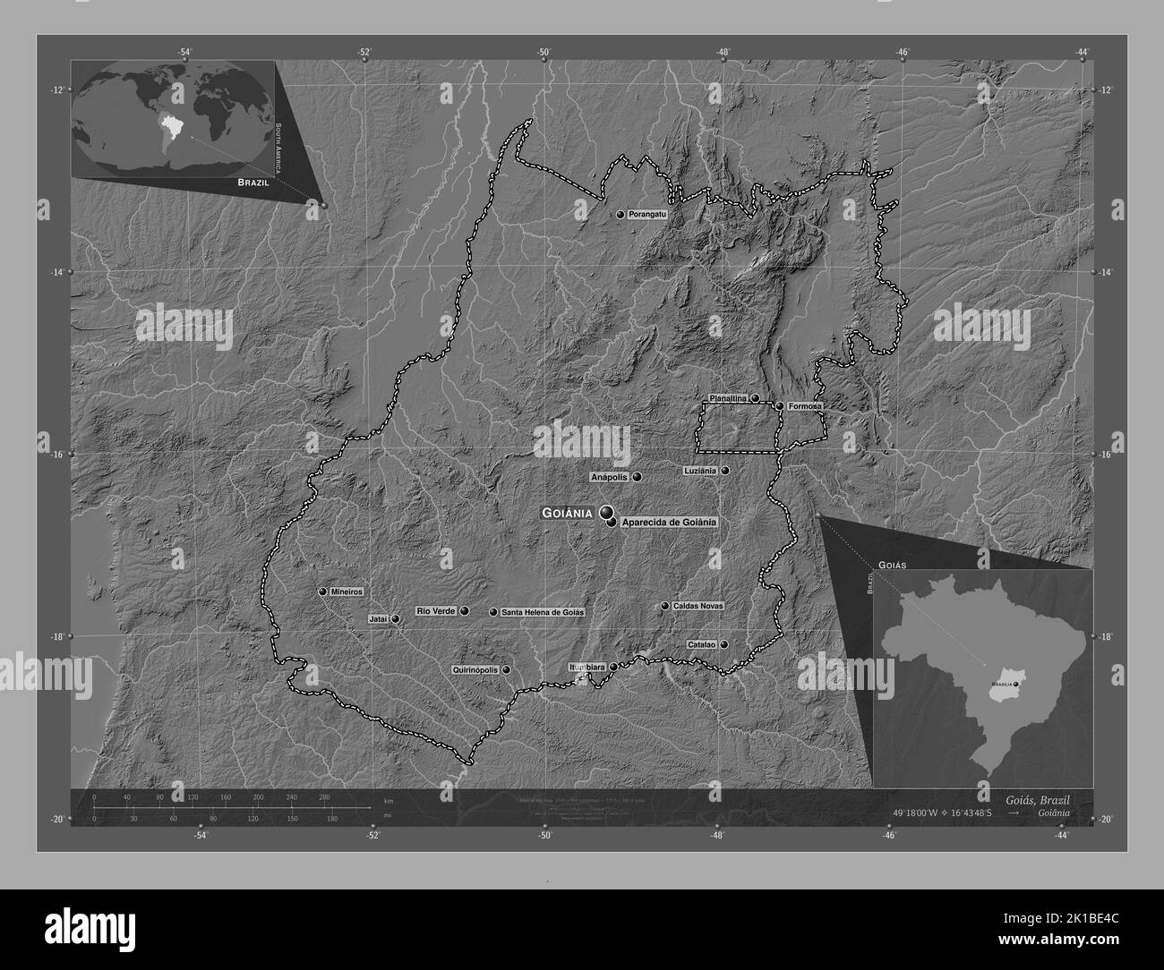 Goias, state of Brazil. Bilevel elevation map with lakes and rivers ...