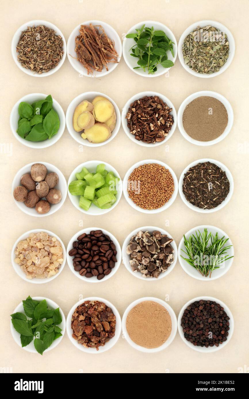 Nervine health foods to support and energise the nervous system. Healthy natural alternative health care. Ingredients in bowls on hemp paper. Stock Photo