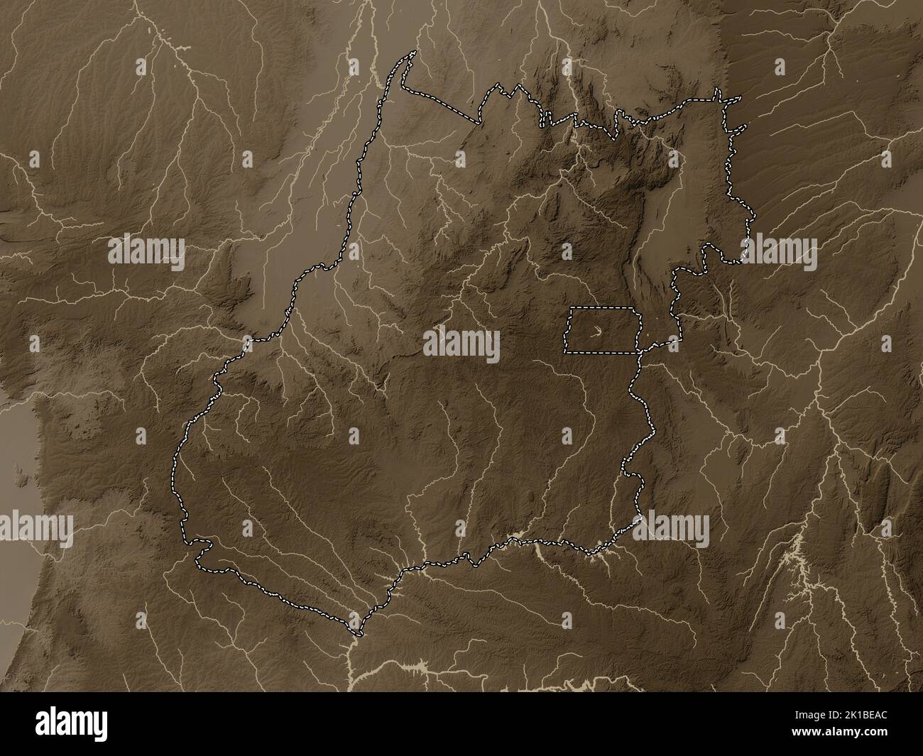 Goias, state of Brazil. Elevation map colored in sepia tones with lakes ...