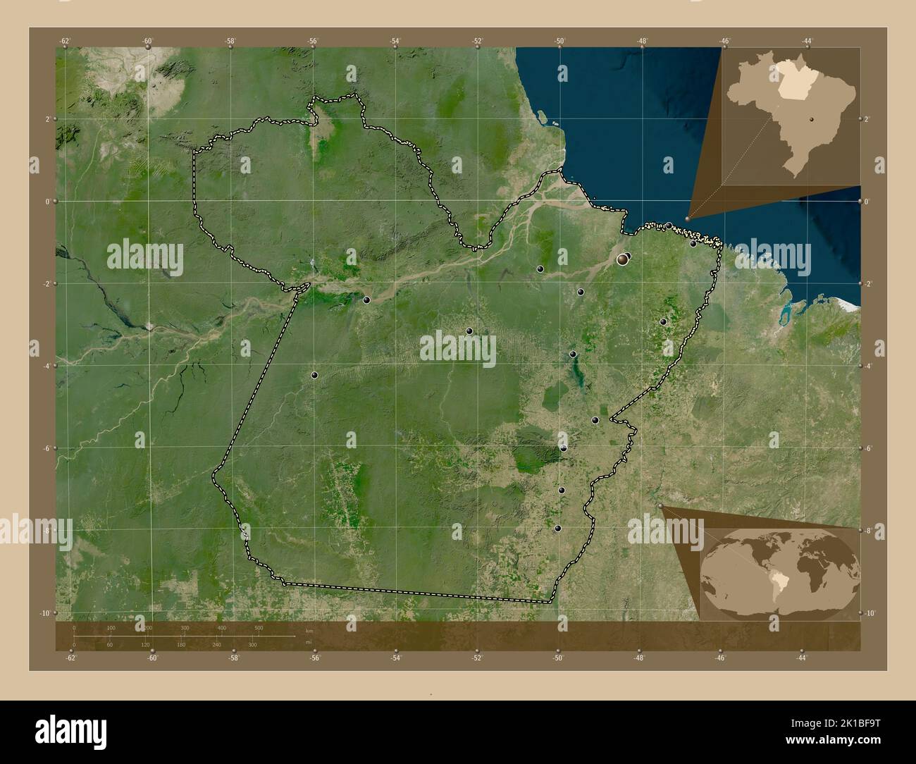 Para, state of Brazil. Low resolution satellite map. Locations of major ...
