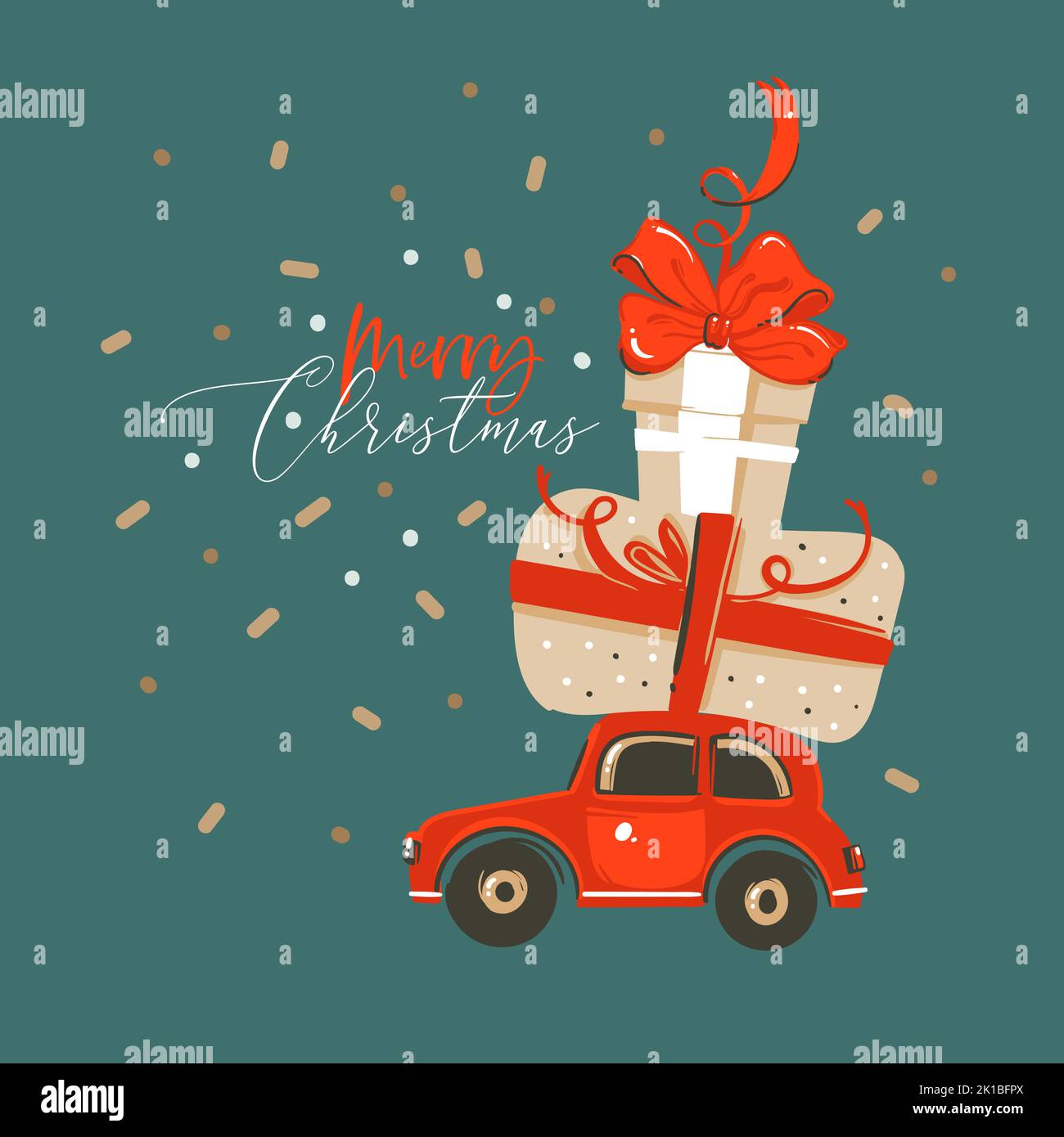 Hand drawn vector abstract fun Merry Christmas and Happy New Year time cartoon illustration greeting card with xmas surprise gift boxes and car Stock Vector