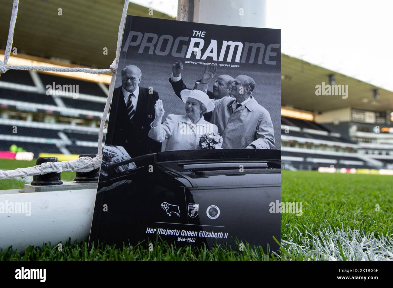 Match day program dedicated to Her Majesty Queen Elizabeth II during the Sky Bet League 1 match between Derby County and Wycombe Wanderers at Pride Park, Derby on Saturday 17th September 2022. Stock Photo