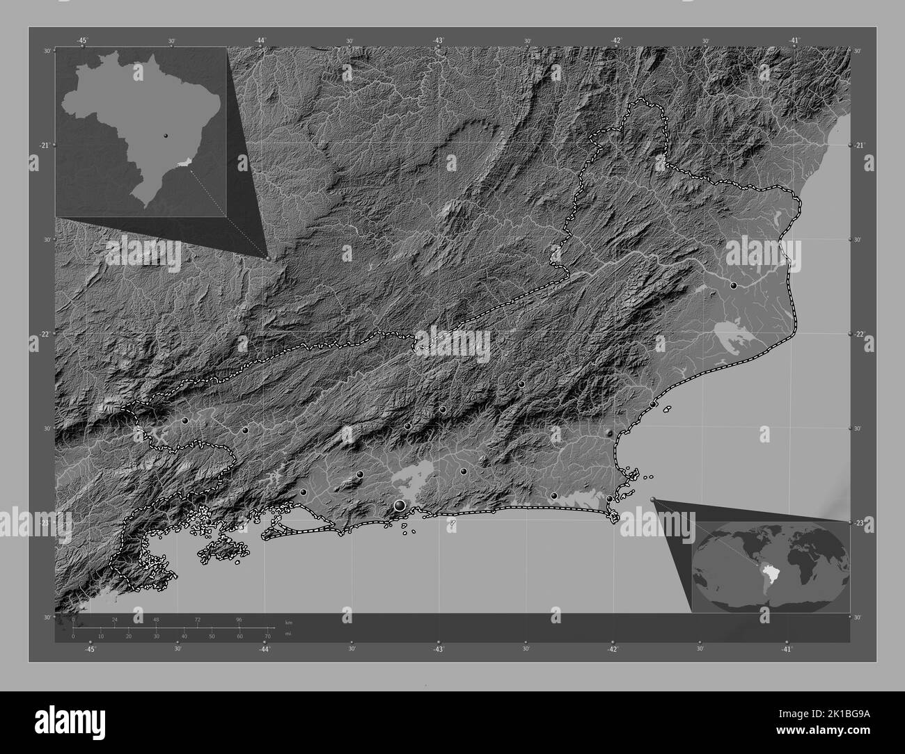 Rio de Janeiro, state of Brazil. Bilevel elevation map with lakes and rivers. Locations of major