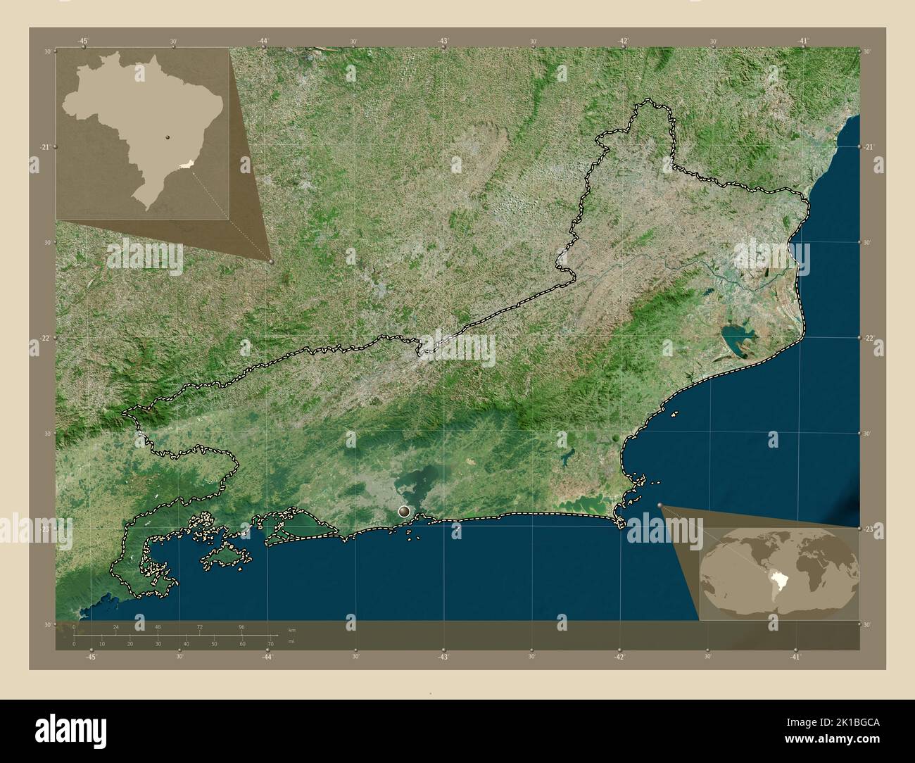Rio de Janeiro, state of Brazil. High resolution satellite map. Corner ...