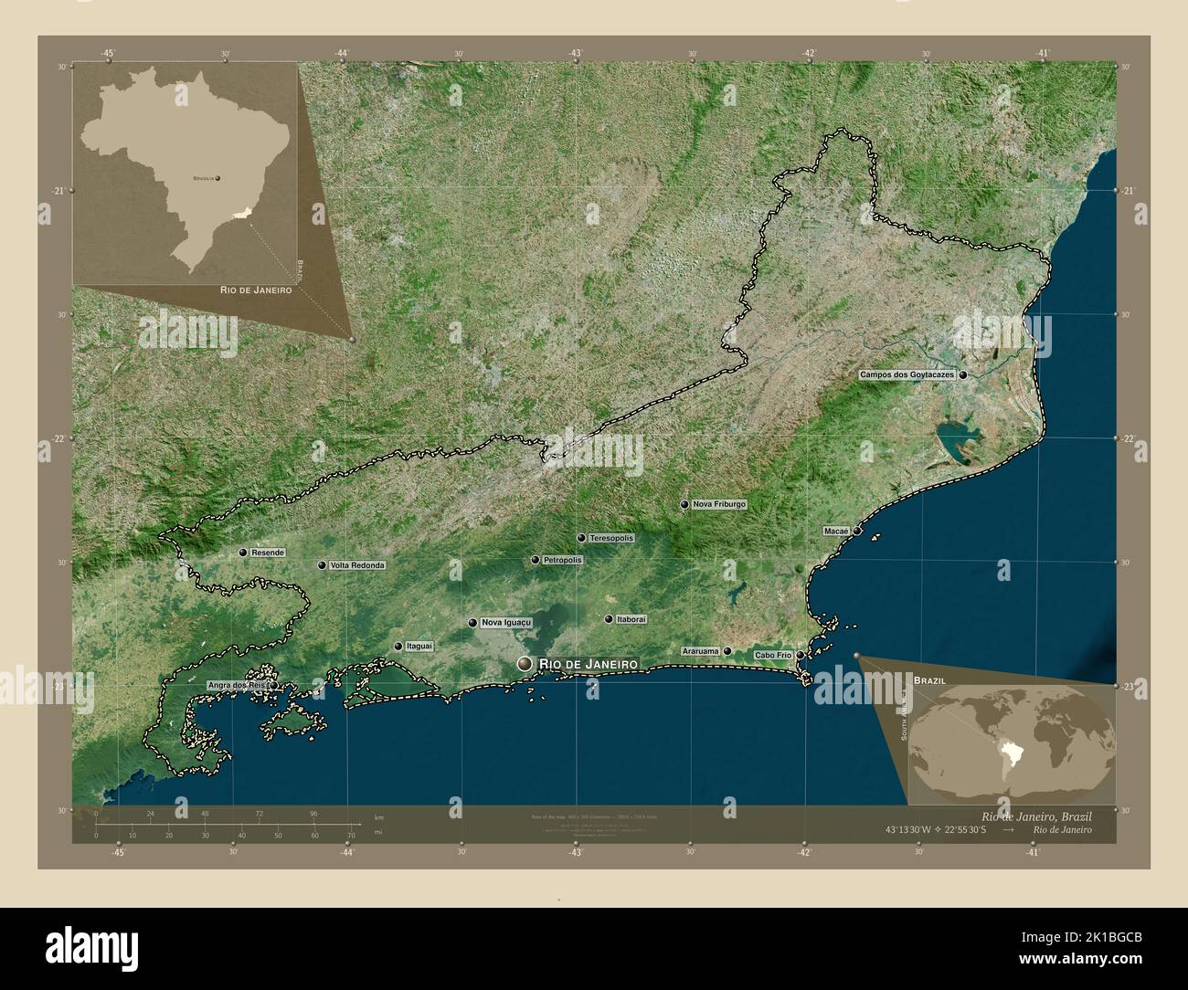 Rio de Janeiro, state of Brazil. High resolution satellite map. Locations and names of major