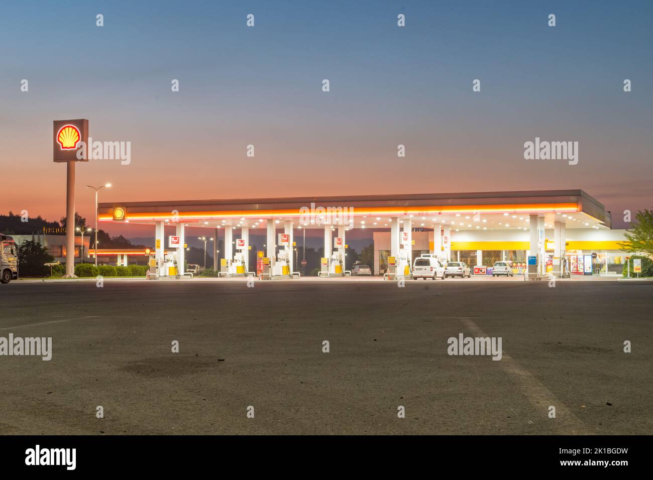 Fushe, Kosovo June 5, 2022 Shell gas station at sunrise. Royal Duch