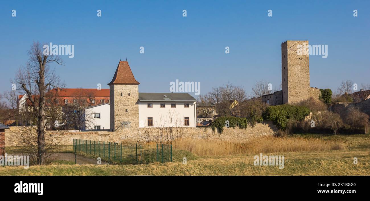Panorama of the towers of the historic city wall of Stassfurt, Germany Stock Photo