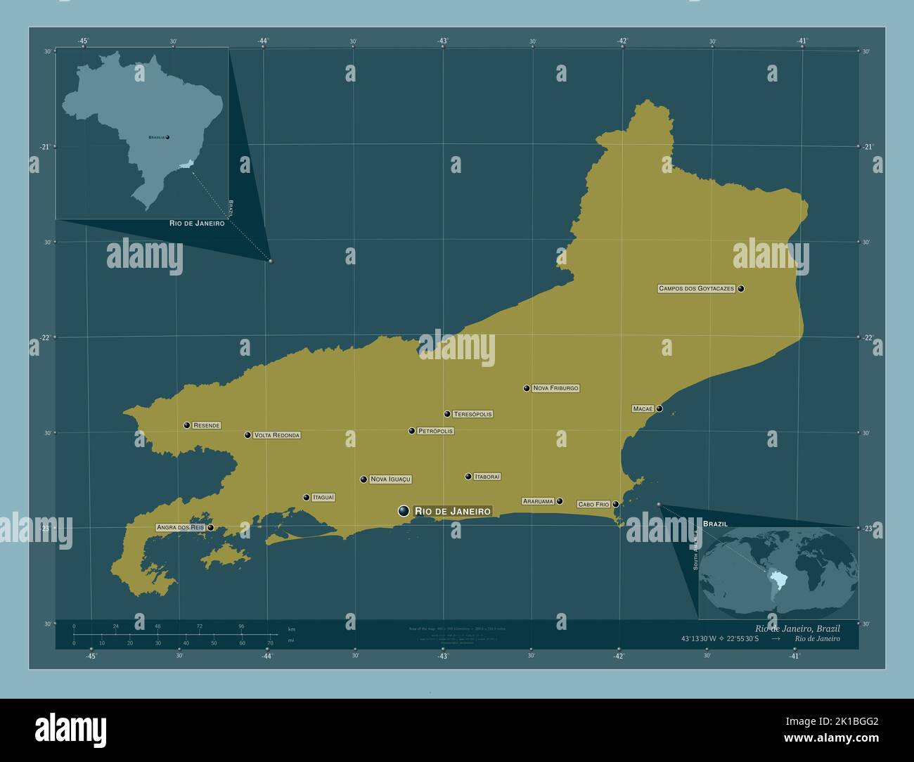 Rio de Janeiro, state of Brazil. Solid color shape. Locations and names of major cities of the
