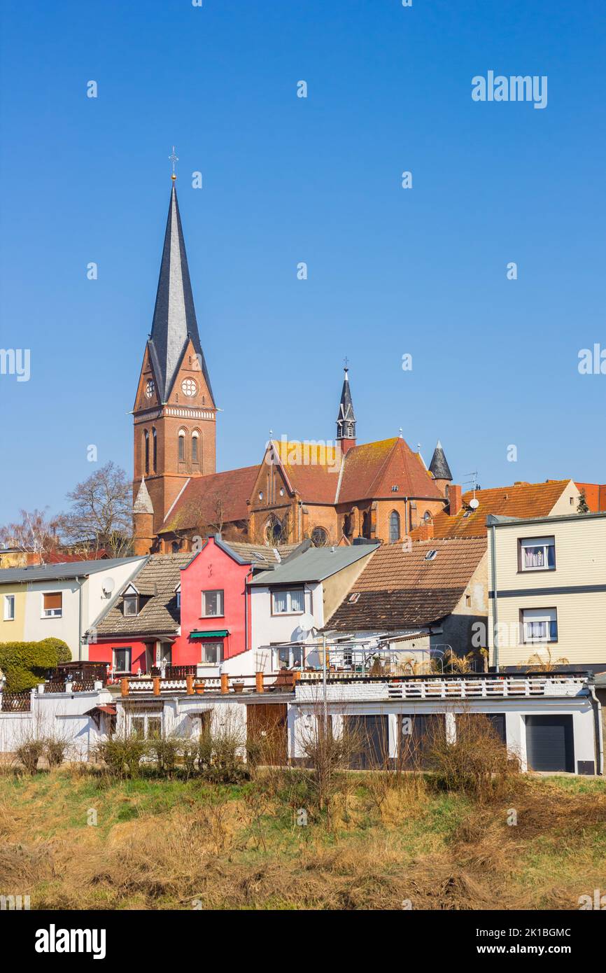 Old houses and the St. Marien church in Stassfurt, Germany Stock Photo