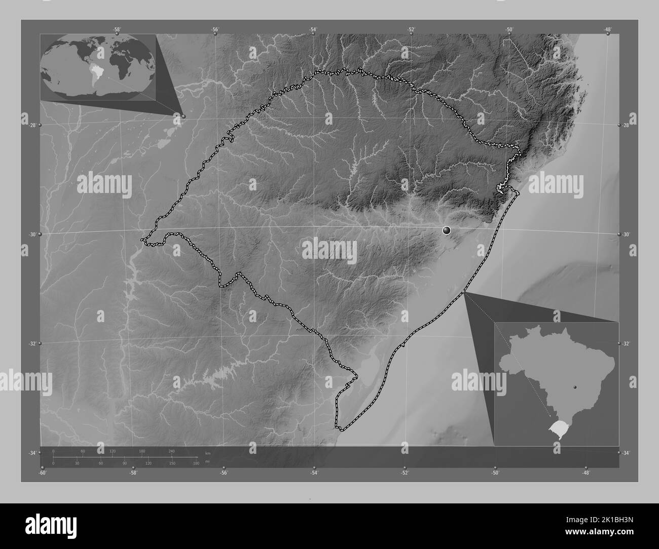 Rio Grande do Sul, state of Brazil. Grayscale elevation map with lakes