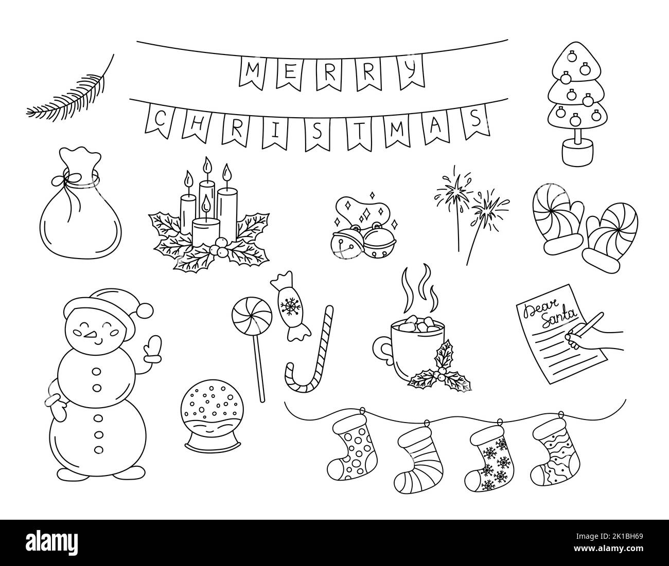 Christmas doodles vector set. Hand drawn black holiday elements isolated on white background. Christmas scribble outline objects tree, snowman, socks, Stock Vector