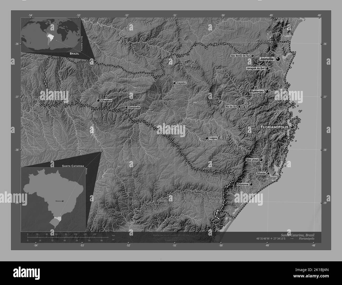 Santa Catarina, state of Brazil. Bilevel elevation map with lakes and