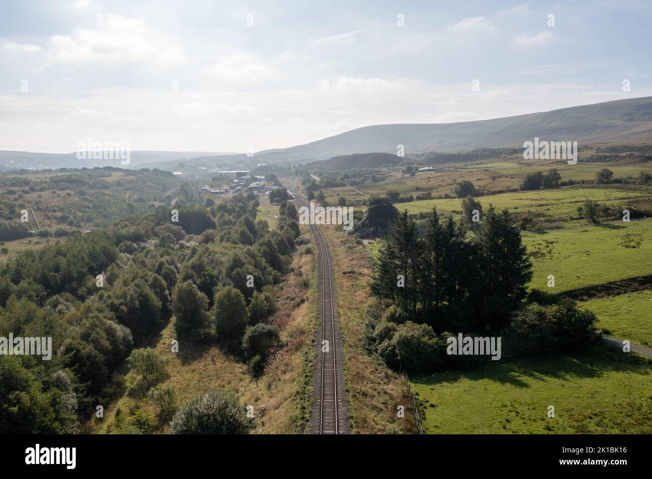 Aerial view above a Railroad Railway Track in South Wales Stock Photo