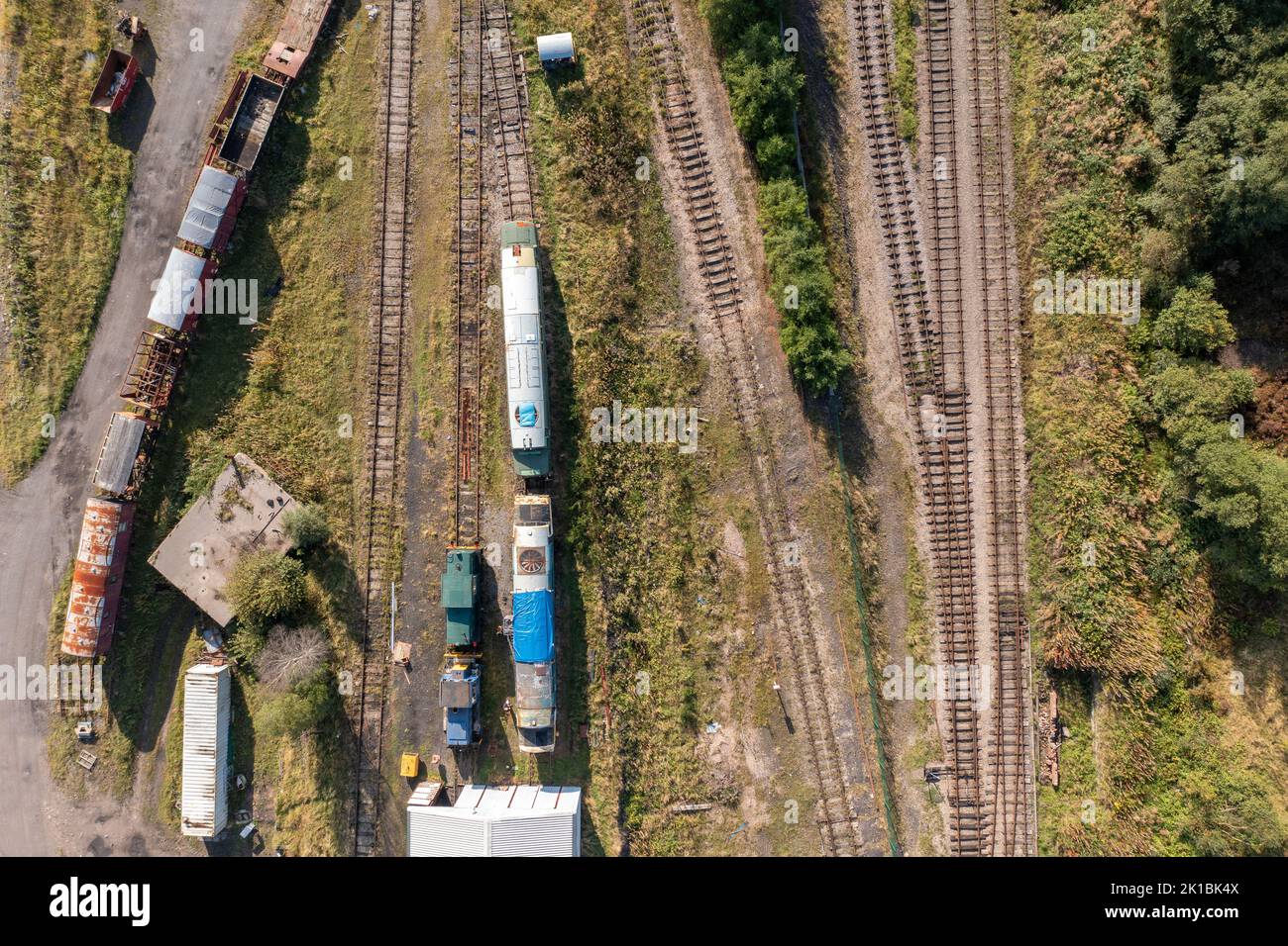 Aerial view above a Railroad Railway Track in South Wales Stock Photo
