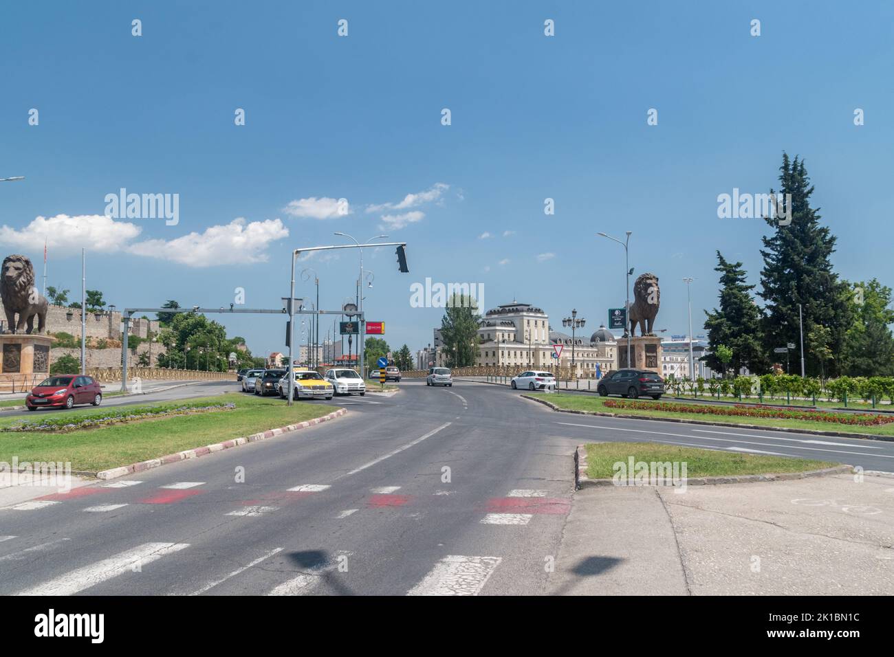Skopje, North Macedonia - June 5, 2022: Boulevard Ilinden near building of Government of the Republic of Macedonia. Stock Photo