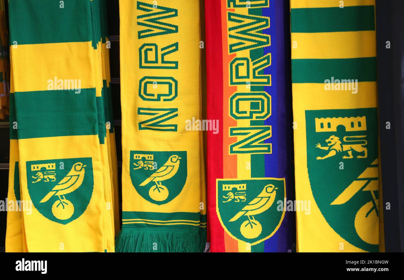 Norwich City scarves for sale before the Sky Bet Championship match at Carrow Road, Norwich. Picture date: Saturday September 17, 2022. Stock Photo