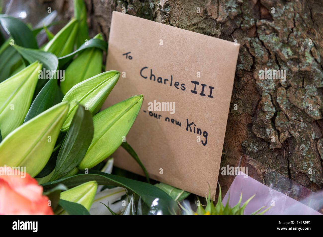 Card for the king. Message, to Charles III, our new king. Placed with flowers in Green Park Stock Photo