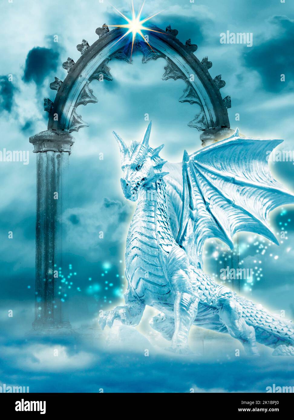 majestic dragon over magic mystical sky and open gate Stock Photo