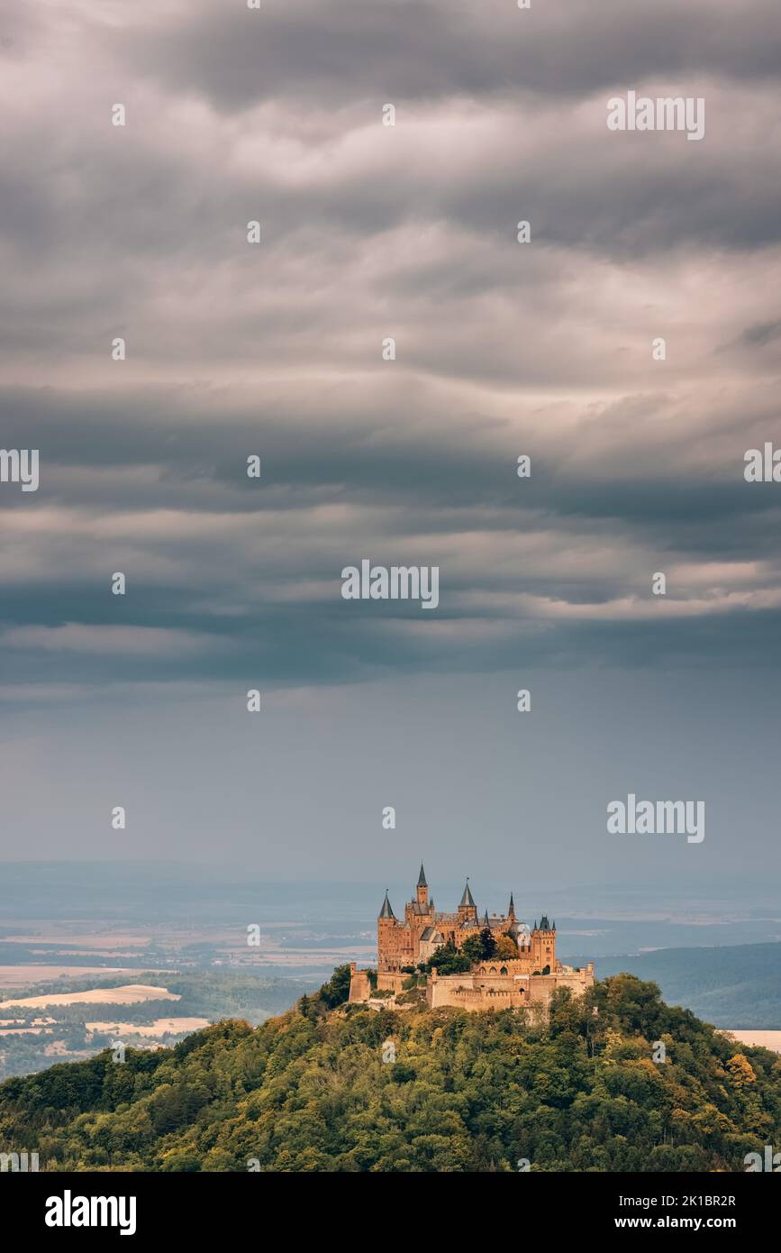 View on Hohenzollern Castle the ancestral seat of the imperial House of Hohenzollern. The third of three hilltop castles built on the site, it is loca Stock Photo