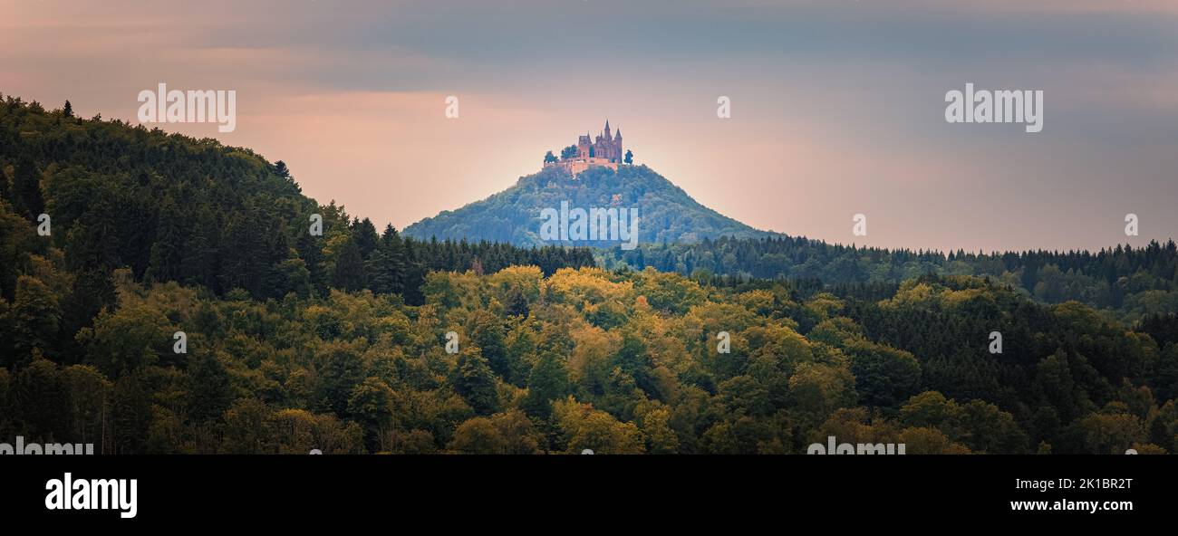 View on Hohenzollern Castle the ancestral seat of the imperial House of Hohenzollern. The third of three hilltop castles built on the site, it is loca Stock Photo