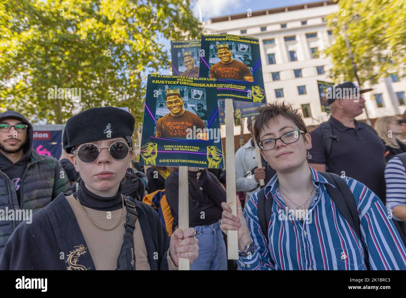 London, UK. 17th Sept, 2022. Protest outside New Scotland Yard for Chris Kaba, a 24-year-old black man who was fatally shot by police in Streatham Hill, south London, on 5 September. Penelope Barritt/Alamy Live News Stock Photo