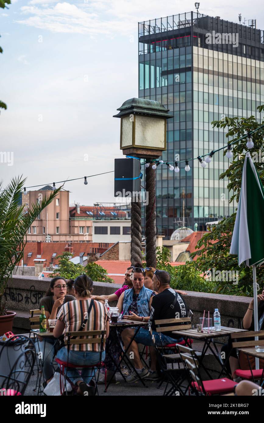 Summer with Matos, people enjoying cafes and bars and entertainment during the summer months at Strossmayerovo šetalište in the Upper Town, Zagreb, Croatia Stock Photo