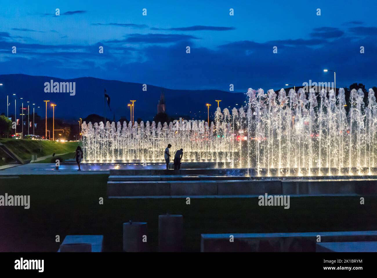 Park of Fountains at the avenue of Hrvatske Bratske Zajednice at night, Zagreb, Croatia Stock Photo