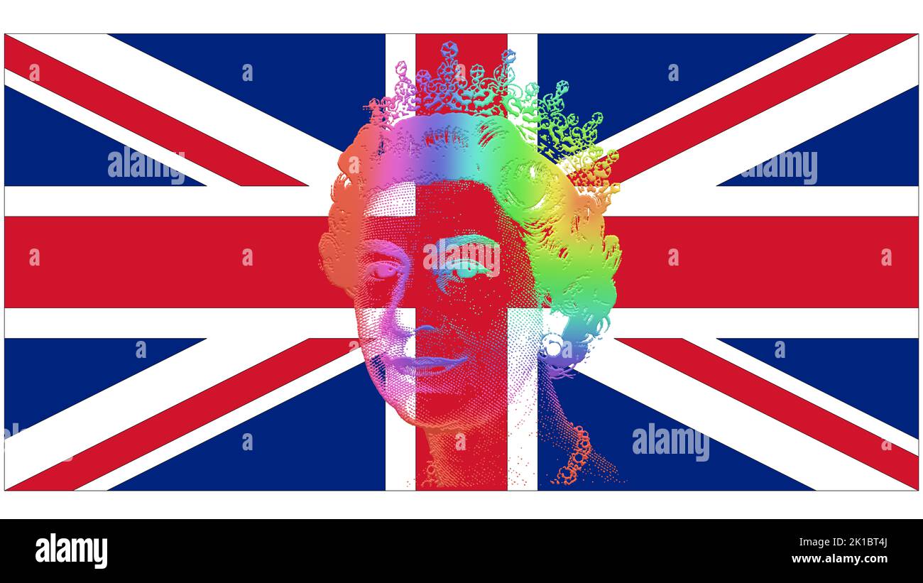 Queen Elizabeth II with the UK flag, tribute to digital art: the Queen's face as a young woman, with rainbow colors and with the Union Jack flag. Stock Photo