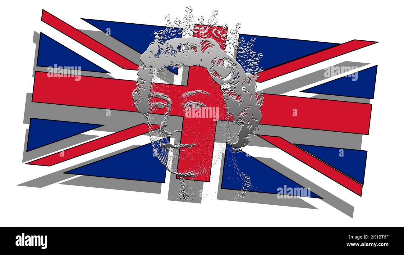 Queen Elizabeth II with the UK flag, tribute to digital art: the Queen's face as a young woman, in silver with the modern 3d Union Jack flag. Stock Photo