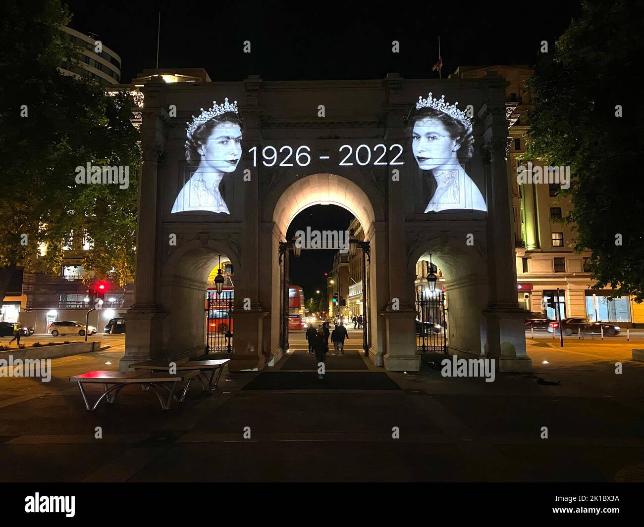 London, UK. 17th Sep, 2022. An Image of Her Majesty Queen Elizabeth the second is projected onto Marble Arch ahead of her funeral on Monday September 19th. Credit: Karl Black/Alamy Live News Stock Photo