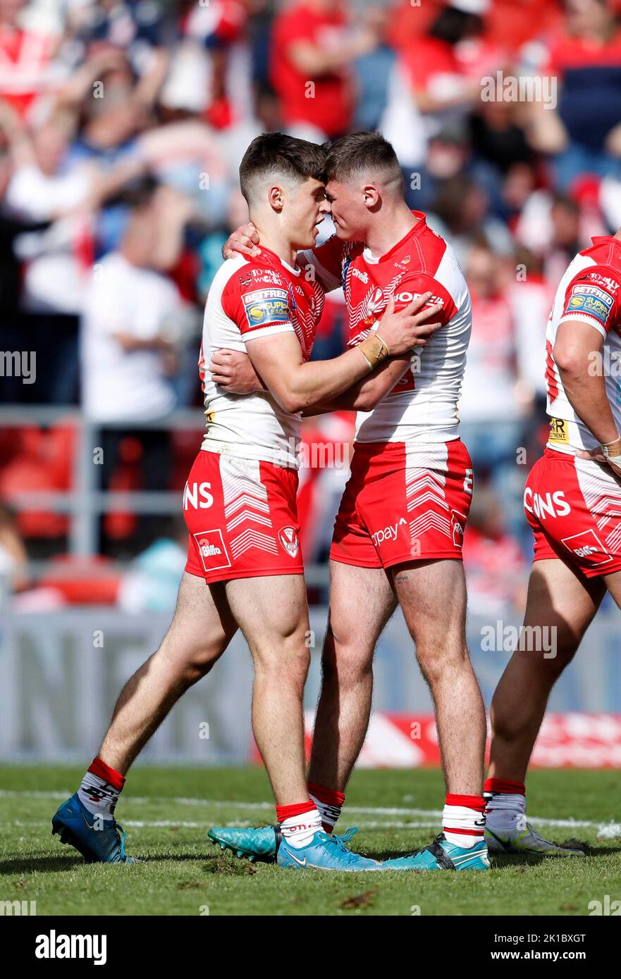 St Helens' Jonathan Bennison (left) is congratulated by his team mates