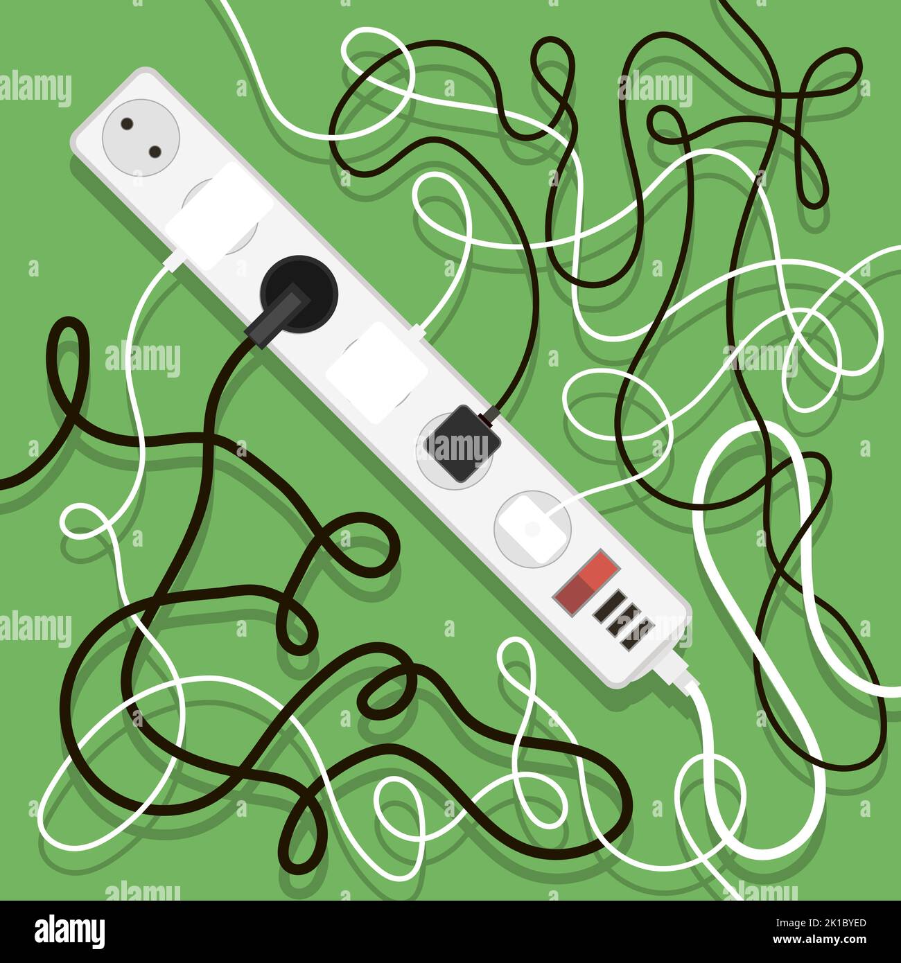 Electrical wires and chargers on green background. A mess of cables from several extension cords