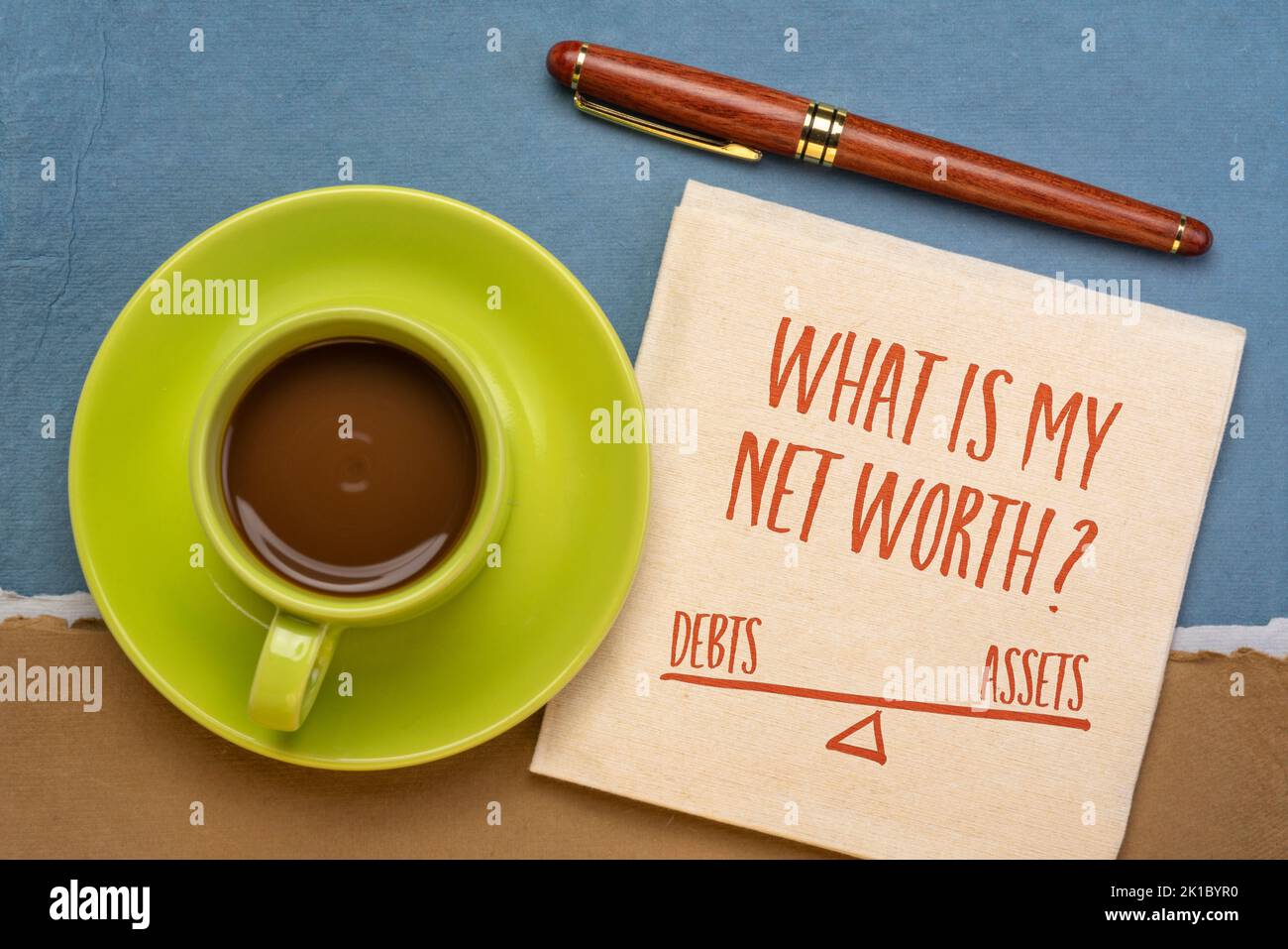What is my net worth? Handwriting and sketch on a napkin with a cup of coffee. Debts, assets and financial concept. Stock Photo
