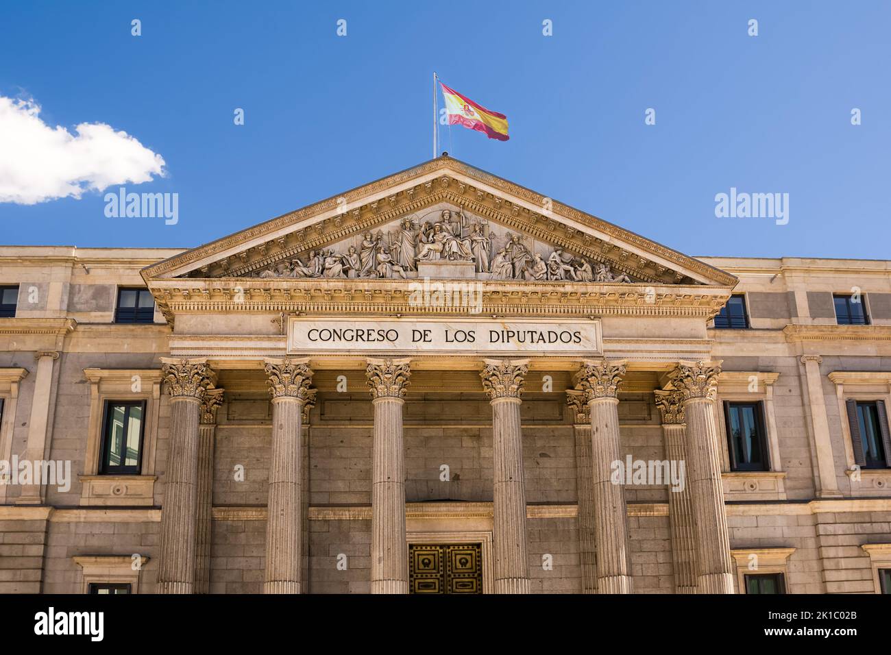 Detail of the pediment of the Palace of Deputies in Madrid Stock Photo
