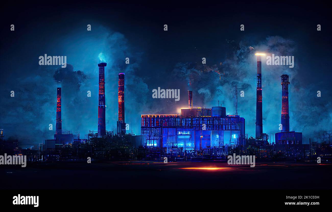 A chemicals factory illuminated with colorful floodlights at night creating a pollution. Gas price concept. Oil refinery and power plant and Stock Photo