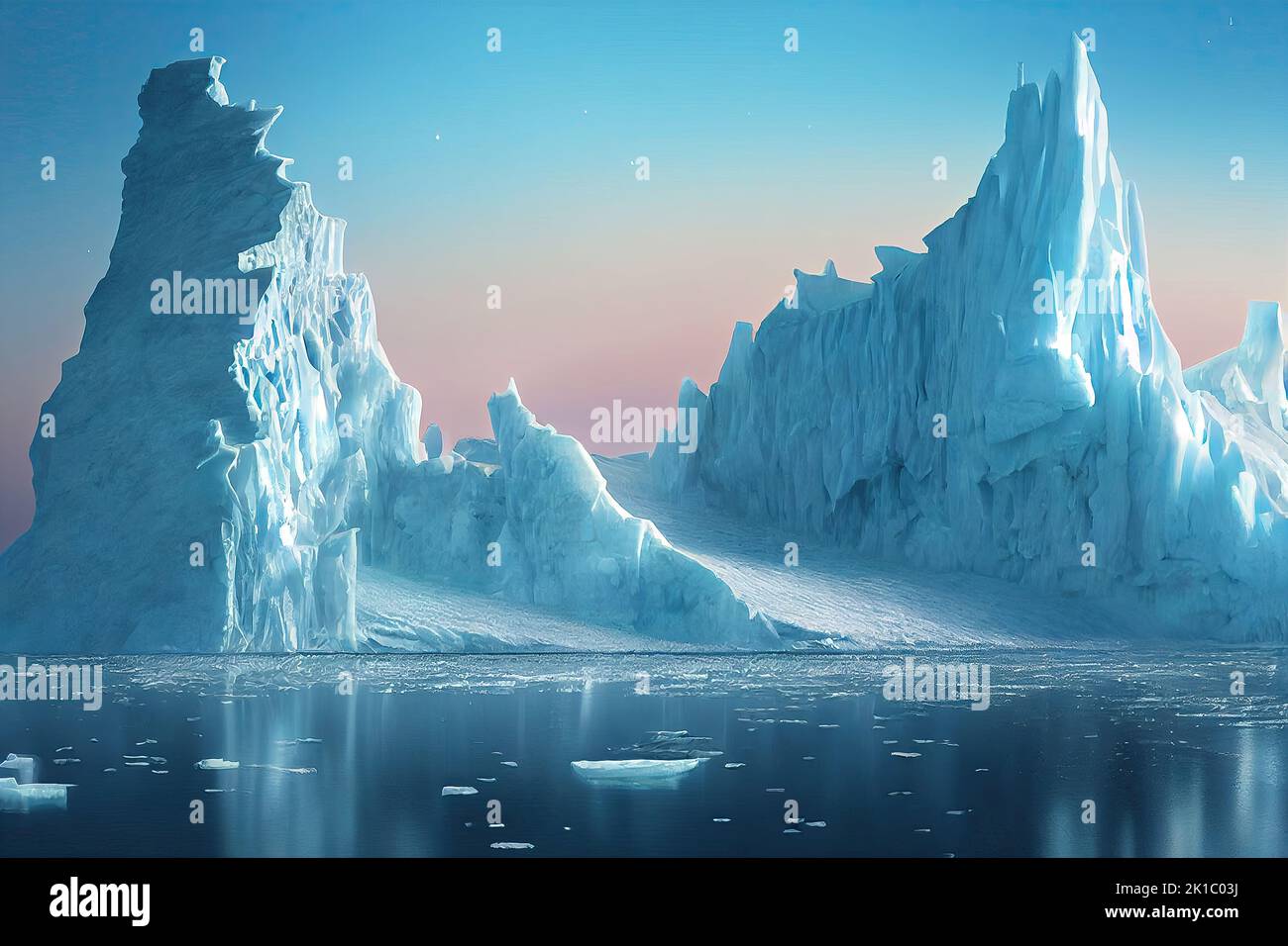 Iceberg floating in the arctic ocean. Icebergs melt due to climate change and melting glaciers at dawn. 3D illustration and digital painting. Stock Photo