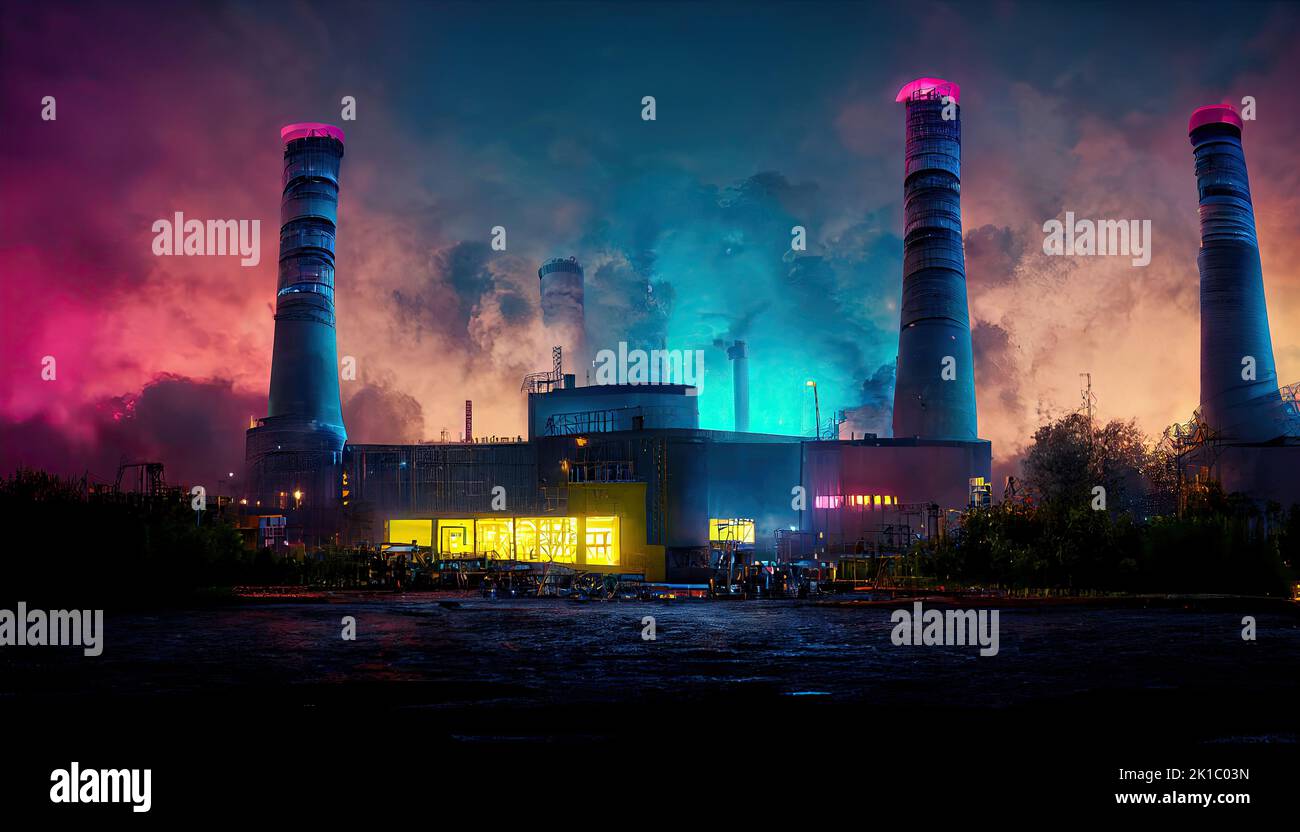 A colorful lit chemicals factory at night, with colourful neon lights. Pipelines and smokestacks with rising smoke, symbolizing pollution and rising Stock Photo