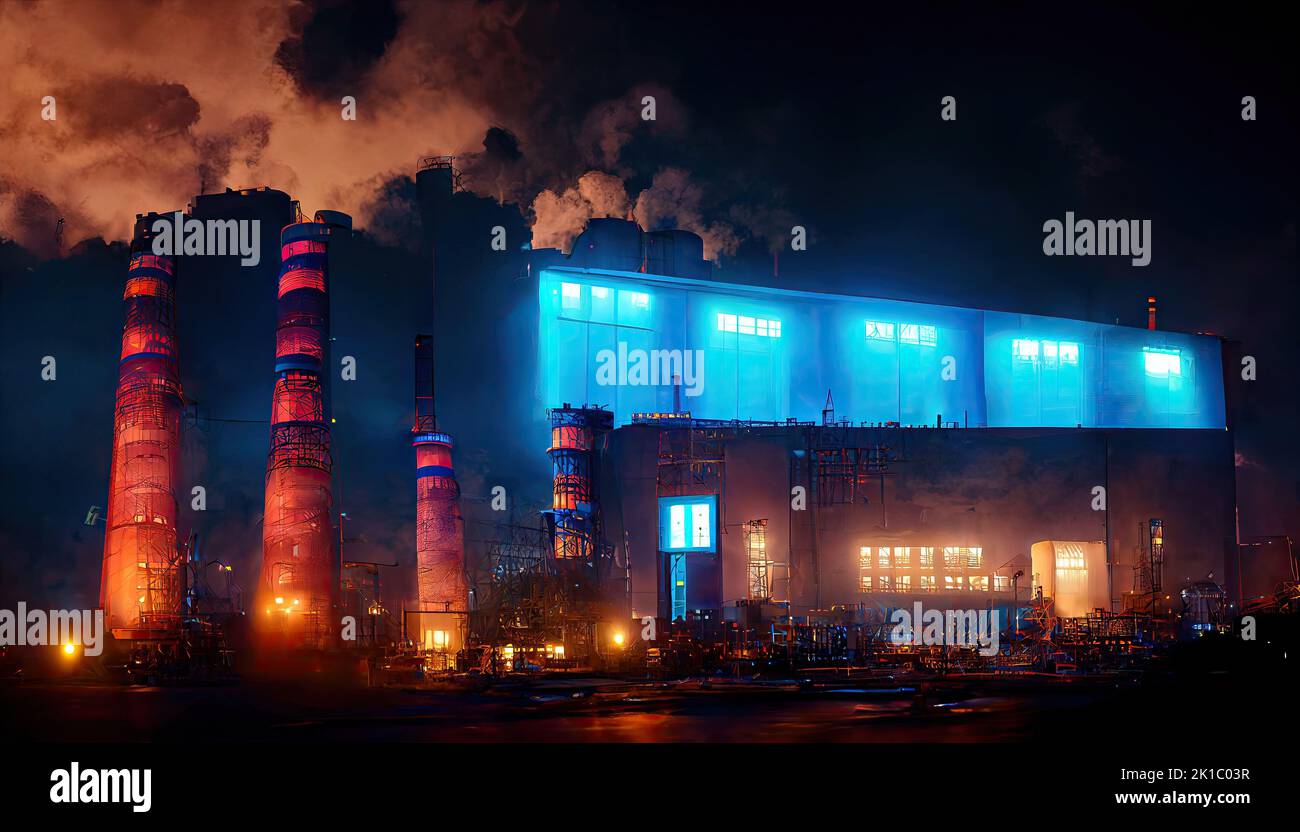 A brightly lit chemicals factory at night, with colourful neon lights. Pipelines and smokestacks with rising smoke, symbolizing pollution and rising Stock Photo