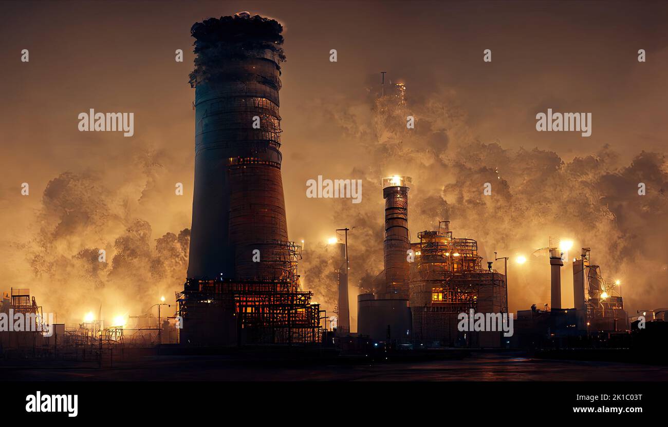 A chemical factory illuminated at night, with colored lights. A polluted pipeline and chimney stack with smoke rising. The concept of pollution and Stock Photo