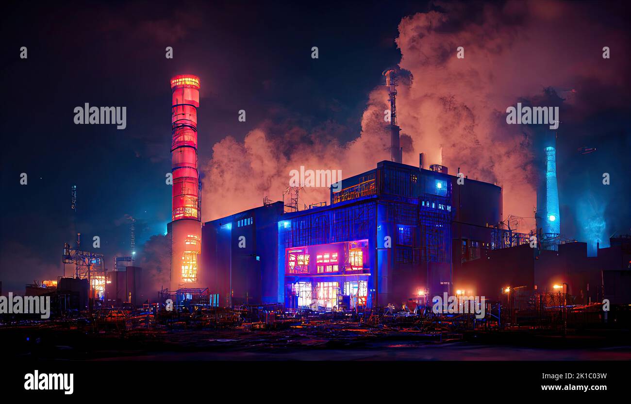A brightly lit chemical factory is pictured at night, with colourful neon lights. The