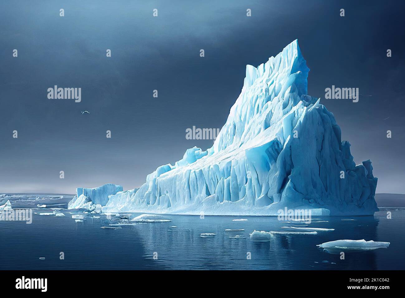The arctic ocean at dawn, iceberg melting concept. Global warming and climate change. 3D illustration and digital painting. Stock Photo