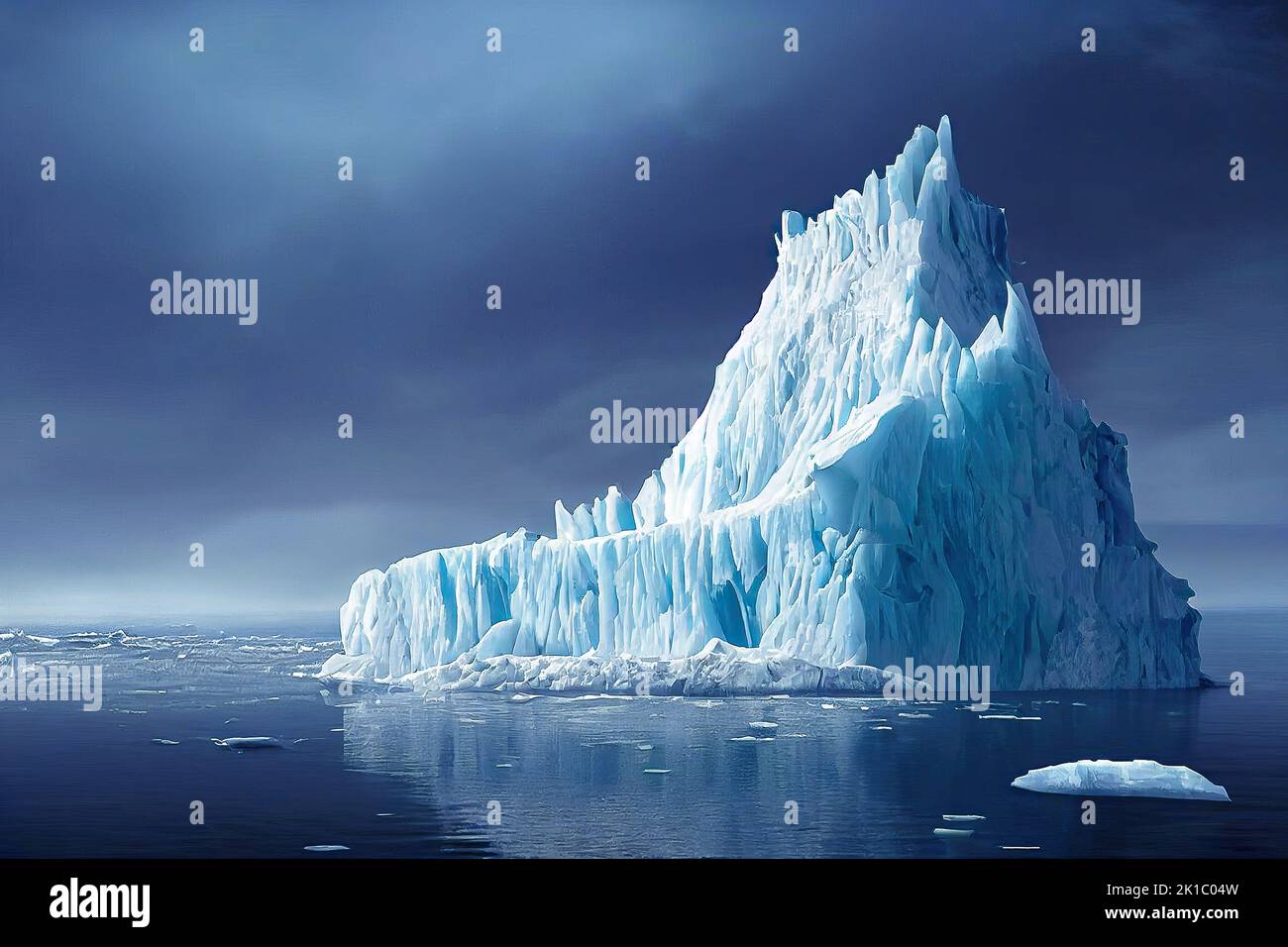 An arctic iceberg floats in water. Climate change causes ice chunks to