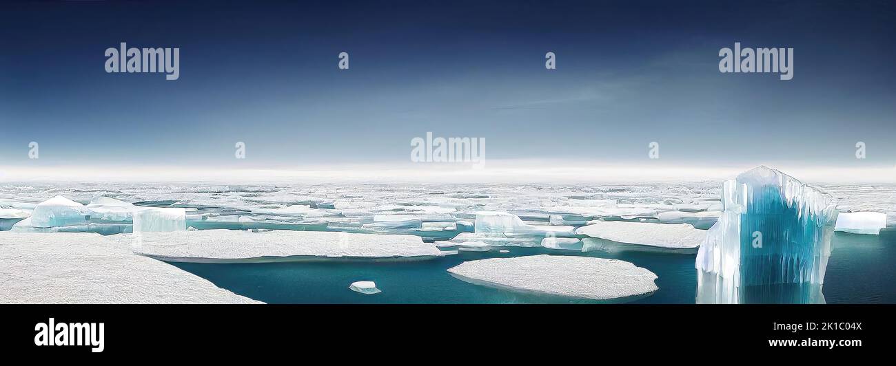 A panorama of Antarctica arctic sea where icebergs are floating. Because of climate change and melting glaciers, icebergs melt and disappear in the Stock Photo