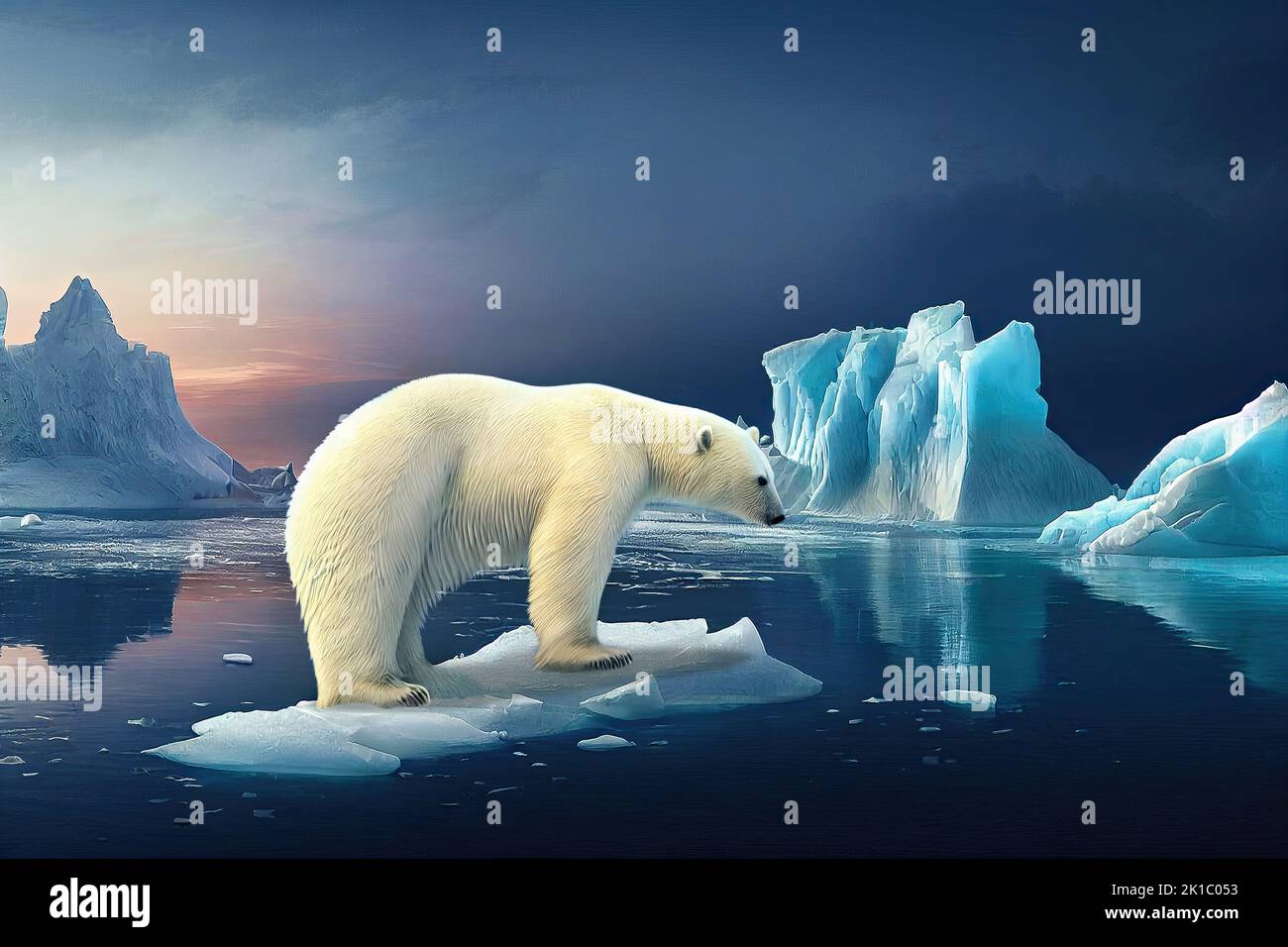 Polar bear above an iceberg in the arctic ocean. Floating icebergs due to climate change and melting glaciers. 3D illustration and digital painting. Stock Photo