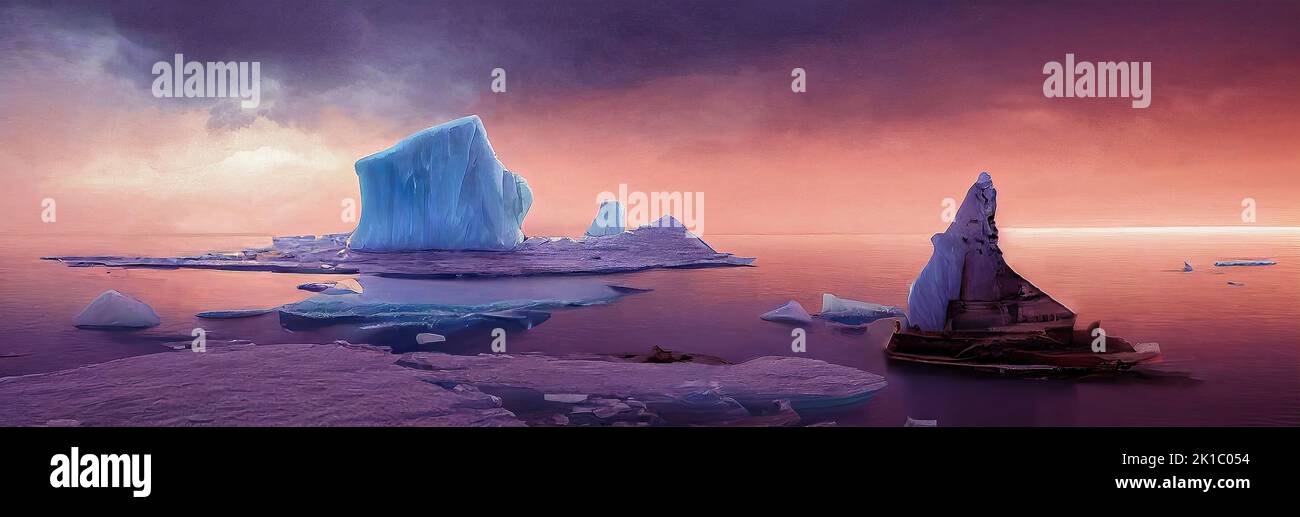 panorama view of the arctic sea, where icebergs are floating, at sunset, when ice melts because of climate change and melting glaciers. 3D Stock Photo