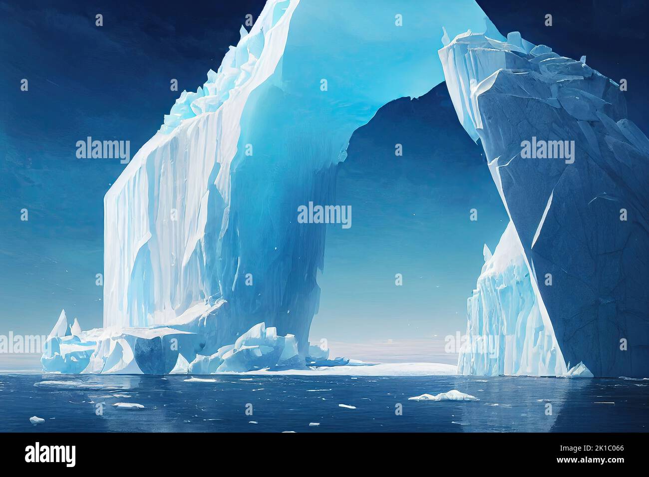The arctic ocean is experiencing iceberg melting, a visual representation of the concept of global warming and climate change. 3D illustration and Stock Photo