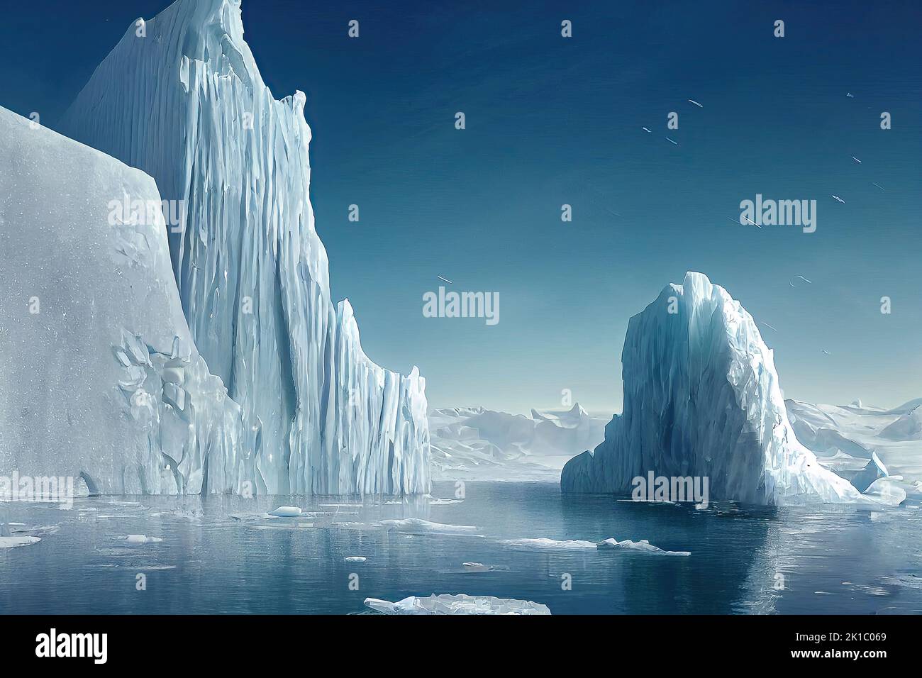 Iceberg melting in the arctic ocean at dawn. Concept of global warming and climate change. 3D illustration and digital painting. Stock Photo
