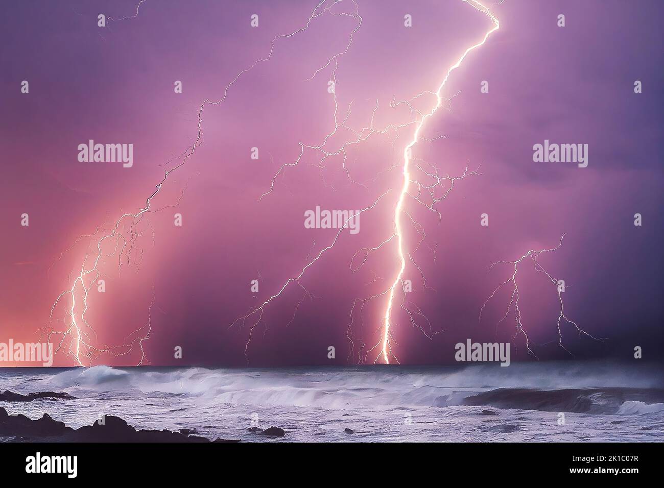 A storm with dangerous lightning strikes in a cloudy sky and stormy ocean is pictured in a natural disaster caused by climate change. 3D illustration Stock Photo
